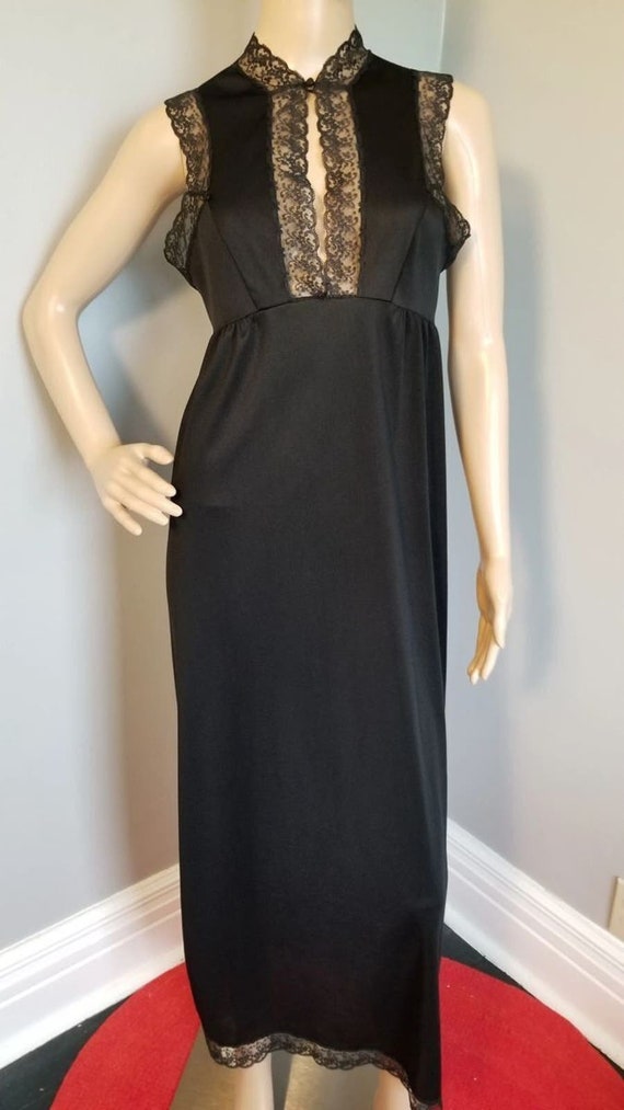 70s Vintage Van Raalte Black Column Night Gown - S