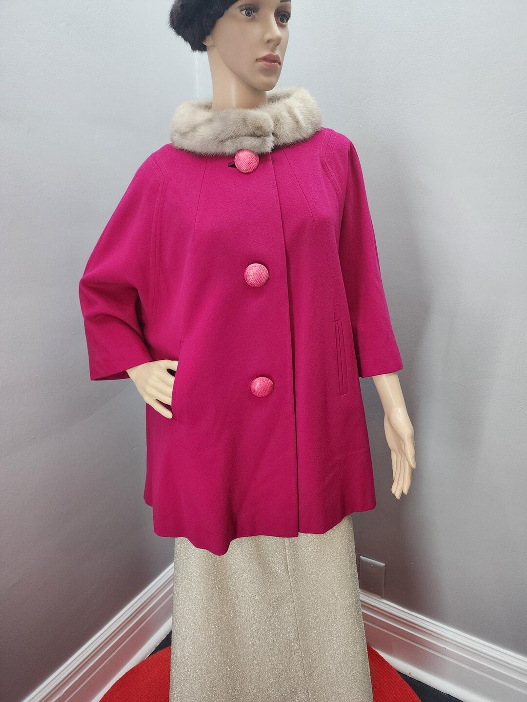 60s Vintage Raspberry Wool Cape / Coat With Fur Collar - L - Etsy