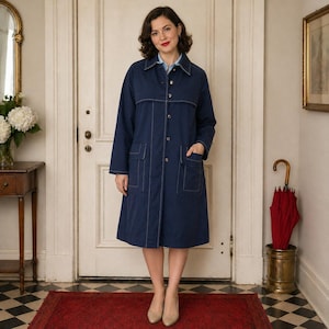 1960s Lanson Navy Blue All Weather Trench Coat, Contrast Stitch Mod Overcoat, Light Blue Lined Vintage Raincoat - M