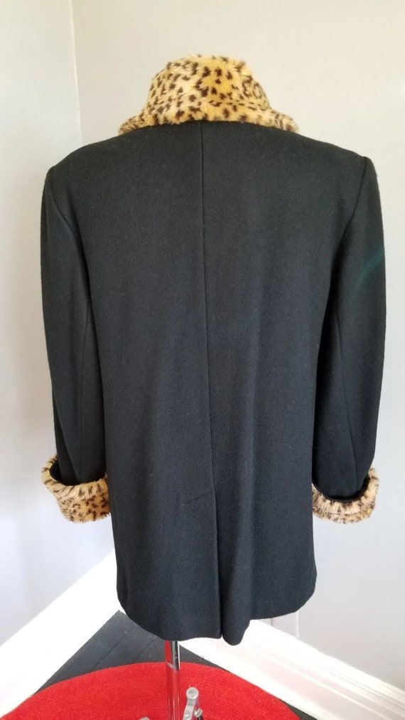 80s Black Wool Pea Coat with Leopard Collar & Cuf… - image 5