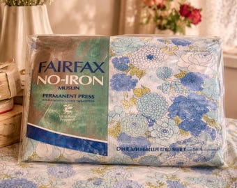 Vintage Fairfax No Iron Muslin Double Fitted Sheet NOS Blue Floral Roses Zinnias West Point Pepperell Bedding
