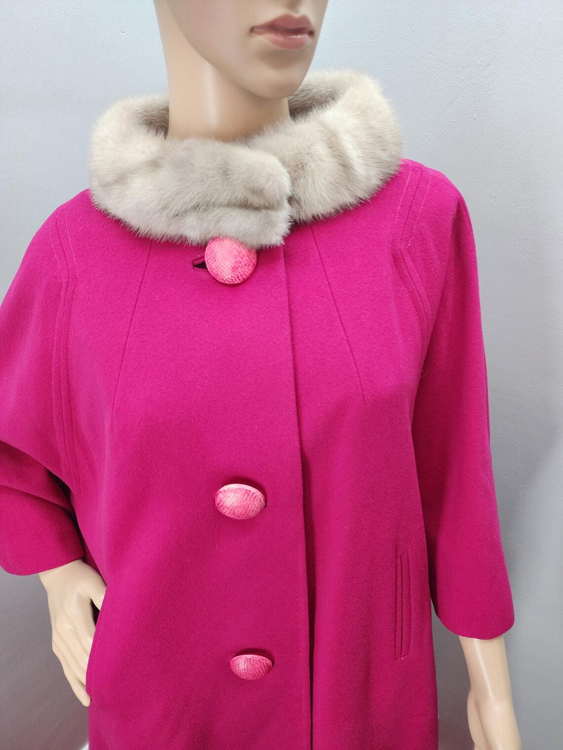 60s Vintage Raspberry Wool Cape / Coat With Fur Collar - L - Etsy