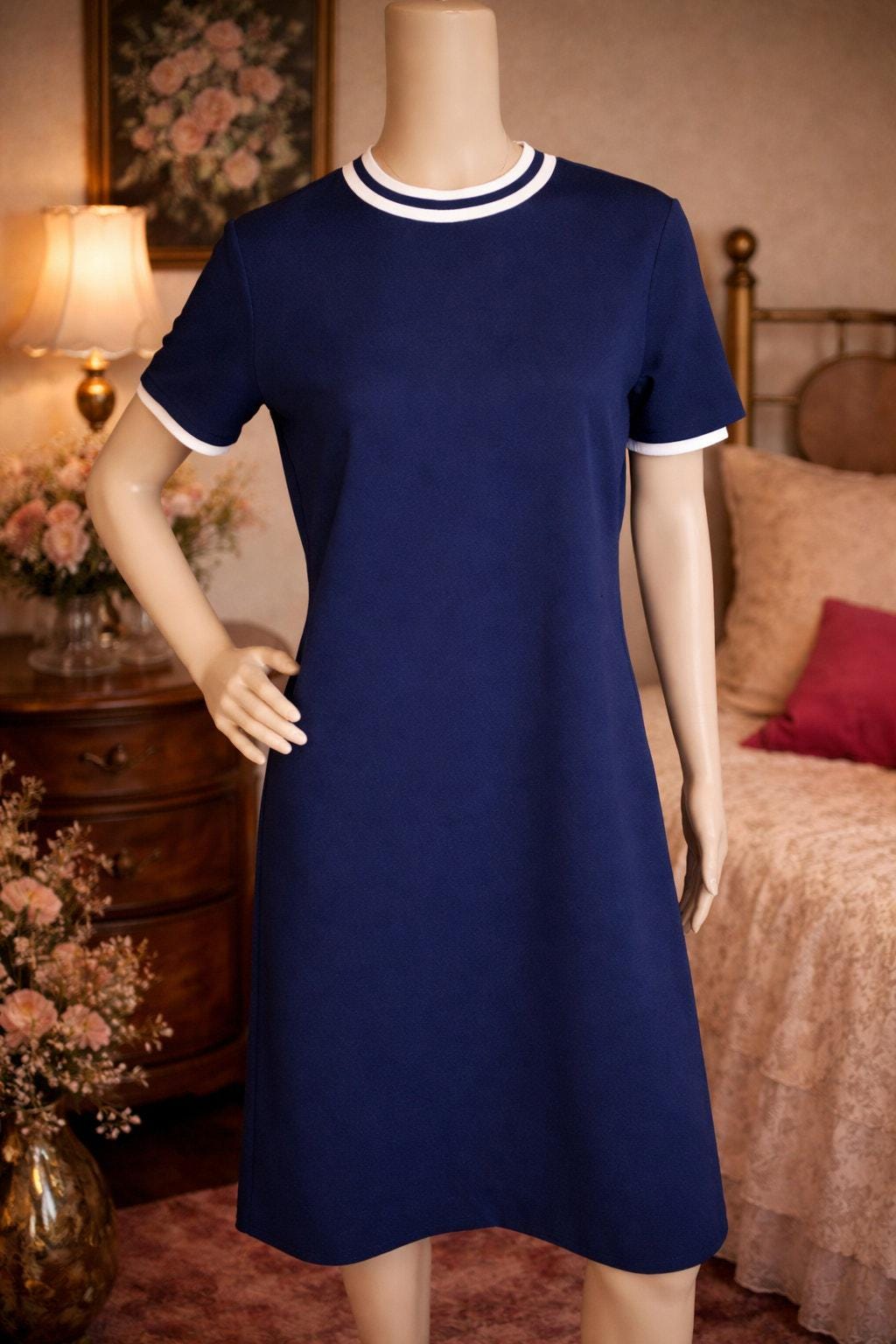 knee length dresses for ladies Sail to Sable Navy Metallic Tweed Short Sleeve Shift Dress Navy / L / H2522