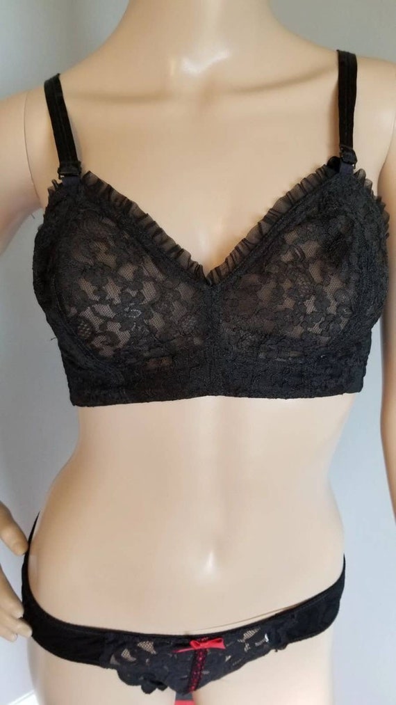 Size 38B 1950s Underwire Bra Black Sheer Lace With Pink Illusion