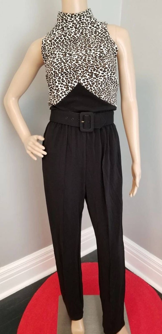 80s Leopard Print Sleeveless Mock Neck Jumpsuit -… - image 1