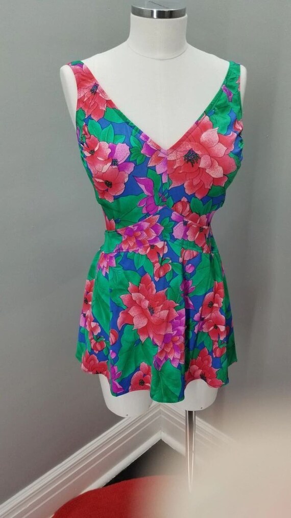 80s Vintage Roxanne Floral Swim Dress Suit, Swimsu