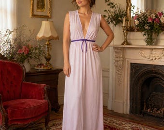 70s Vintage Glencraft Lavender Nylon Lounge Gown, Plunging V Neck Nightgown, Empire Waist Maxi, Purple Ribbon Trim - M