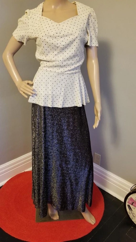 70s Vintage Lurex Peplum Dress, Black, White & Sil