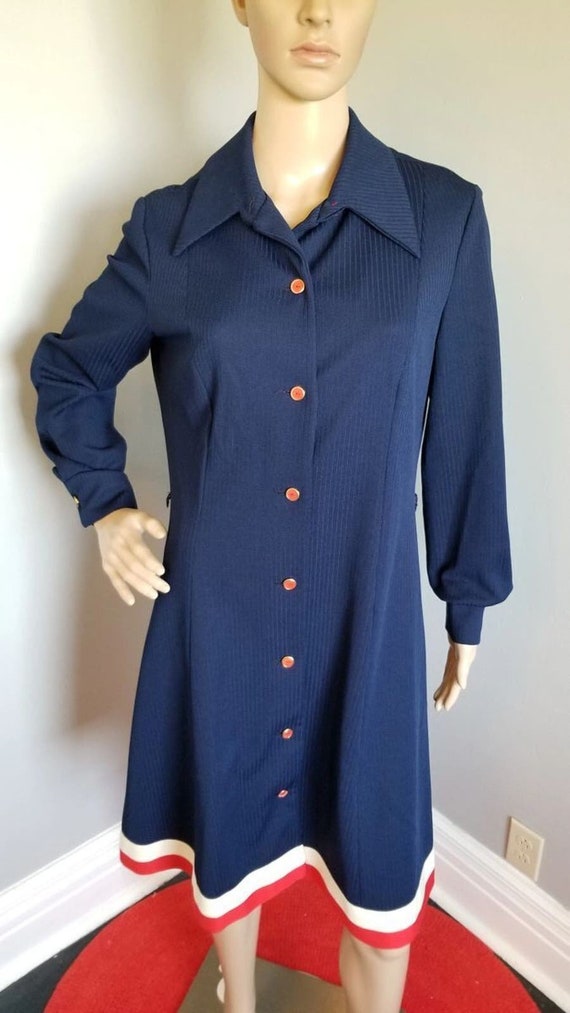 70s Vintage Verona Knits Navy A-Line Dress with Re