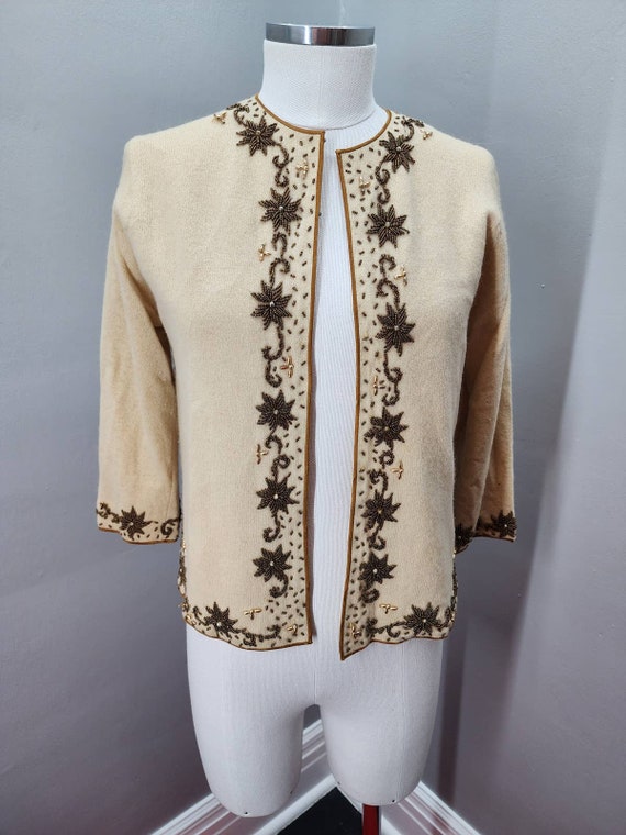 50s King's Sweater Ecru  Beaded Cardigan - M