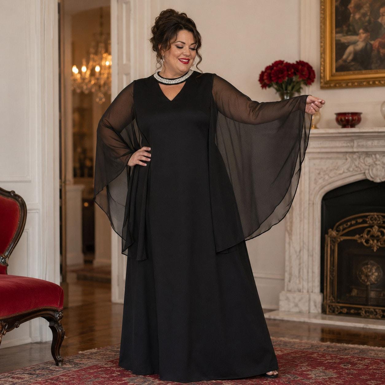plus size gothic formal dresses Gothic Plus Size Turn-down Collar Cut Out Mock Button Ribbed Rose Flower Lace Trim Layered A Line Velvet Dress Black / 2X