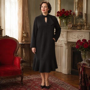 1960s Vintage Black Wool Dress Moscow Atelier Tie Neck Midi Flounce Hem- XXL