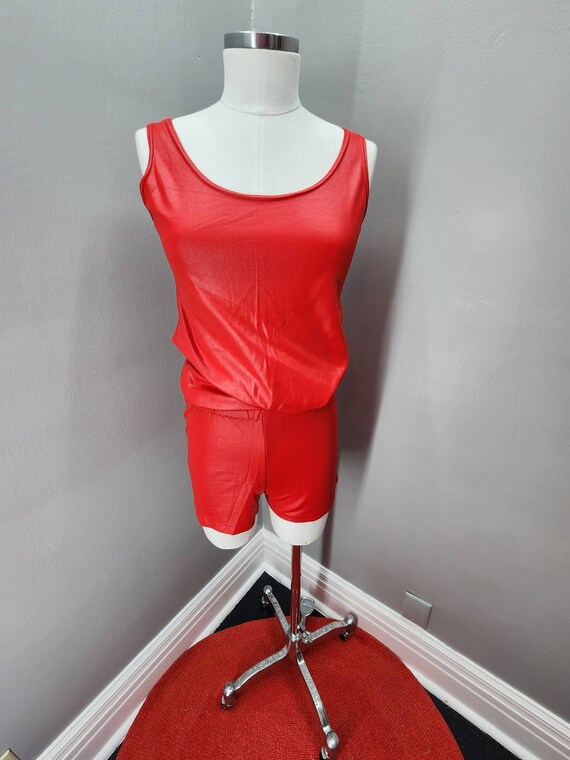 70s Red Hot Wet Look Tank & Hot Pants - S