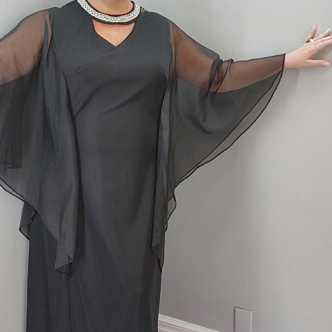 Robe longue vintage des années 70 Lane Bryant Black Angel Wing/robe - 24 1/2, 1X/2X