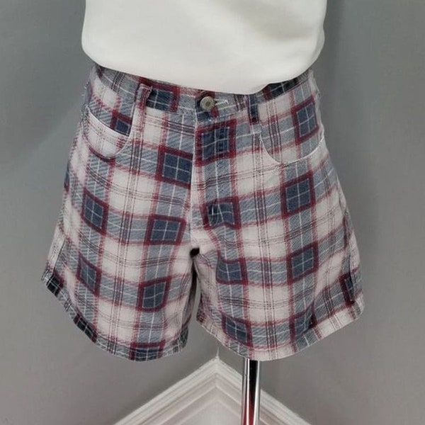 90s Vintage High Waisted Shorts in Red, White & Blue Plaid - M