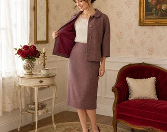 60s Vintage Burgundy Wool Blend Suit Set, Tailored Jacket & Wiggle Skirt, Mauve Grey Check Power Suit, Late 50s Early 60s- XS
