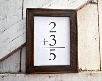 Family Sign, 2 + 3 = 5, Canvas and Stained Wood Frame, Rustic, Farmhouse, Gallery Style Wood Framed Sign, Flashcard, Family Math, Addition