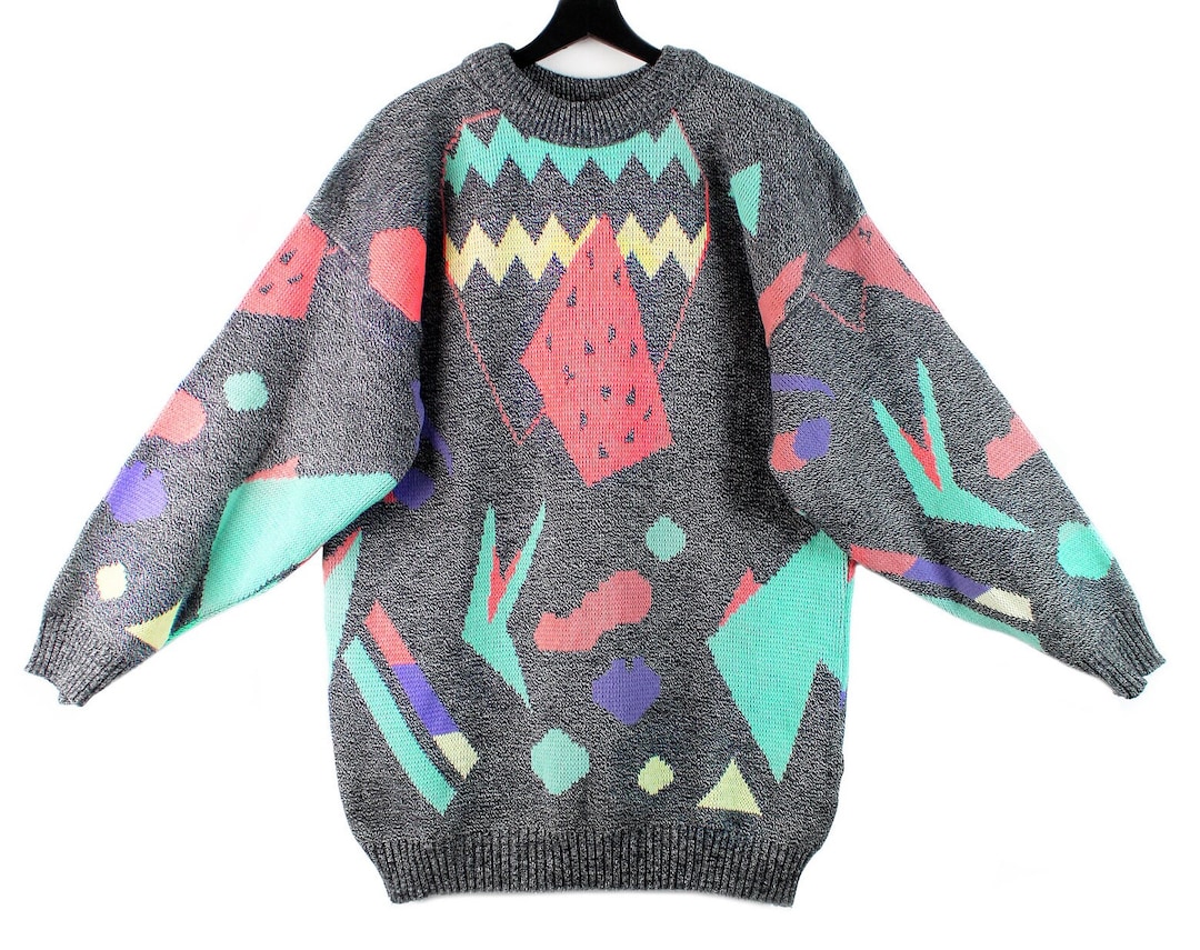 80s 90s Vintage Oversized Sweater Geometric Oversized Pullover S M L XL Women s Gender Fluid