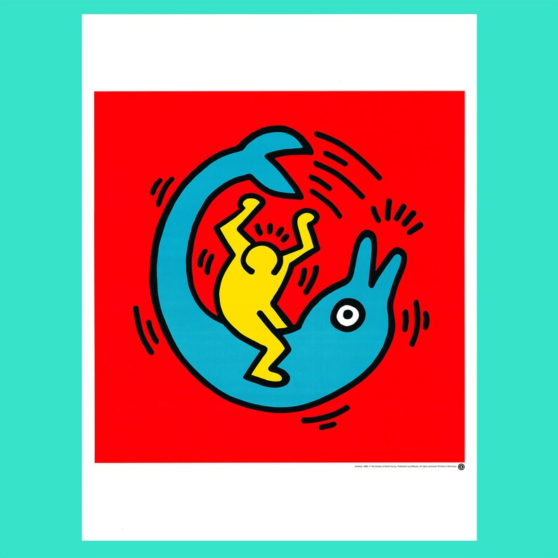 1989 Original KEITH HARING Untitled Man on Rodeo Dolphin Vintage Art
