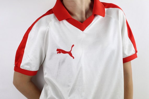 80s Vintage Puma Soccer V Neck Polo T Shirt Bicolor White Etsy