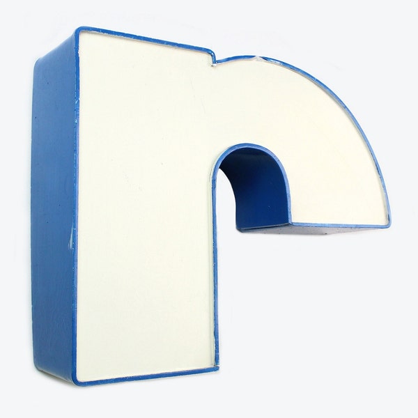 70s vintage Industrial Letter "r"  / Socialist Signage Advertising / White Blue Volumetric Large Channel Letter / made in Romania