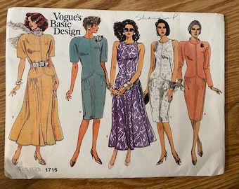 Patrón de vestido 1716 de diseño básico de Vogue de los años 80