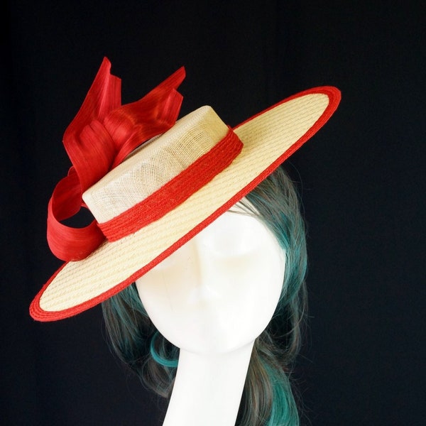 Natural Cream Red Sinamay Straw Boater Hat Wedding Guest Race Wear Vintage Tea Party Retro Melbourne Cup Kentucky Derby Fashion Millinery