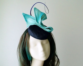 Navy Blue Aqua Hat Fascinator Button Beret Wedding Guest Race Day Carnival Tea Party Special Occasion Melbourne Cup Millinery Kentucky Derby