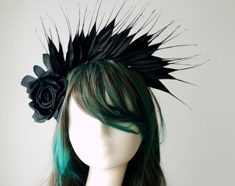 Black Feather Fascinator: Silk Rose Headband, Derby Race Day