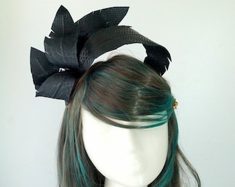 Black Faux Leather Feather Fascinator Headband: Race Day Wedding