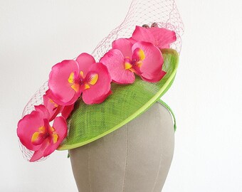 Pink Orchids Green Sinamay Saucer Hat Race Wear Carnival Wedding Guest Party Millinery Melbourne Cup Kentucky Derby Classic Modern