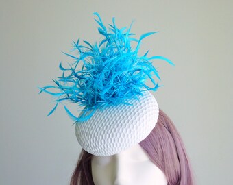 Aqua Blue and White Hat Feathers Button Fascinator Wedding Guest Race Day Carnival Tea Party Church Hat Melbourne Cup Kentucky Derby Ascot