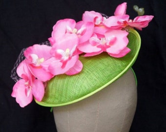 Pink Orchids Green Sinamay Hatinator Hat Race Wear Carnival Wedding Guest Party Millinery Melbourne Cup Kentucky Derby Day Classic Modern