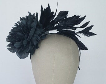 Black Flower Feather Fascinator Headband: Race Day Millinery