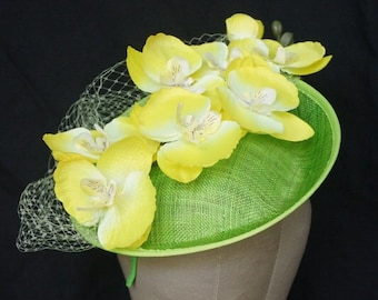 Yellow Orchids Green Sinamay Hatinator Hat Race Wear Carnival Wedding Guest Party Millinery Melbourne Cup Kentucky Derby Day Classic Modern