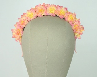 Pink Yellow Rose Flower Headband Fascinator Tea Party Wedding Guest Bridal Racing Carnival Ball Bridesmaid Derby Day Halloween Melbourne Cup
