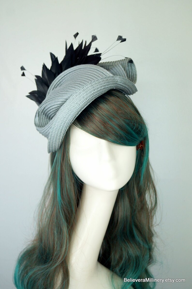 Grey Straw Fascinator Hatinator Black Feathers Headband Headdress Race Wear shops Wedding Guest Melbourne Cup Kentucky Derby Millinery Tea Party