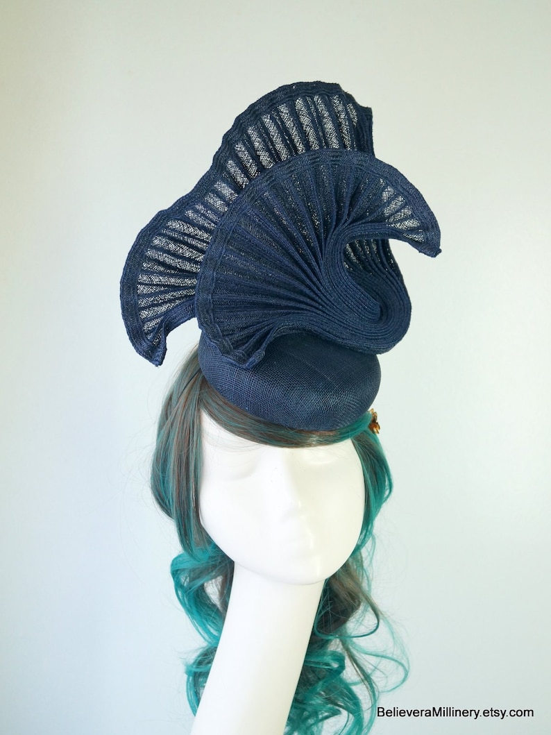 Navy Blue Straw Hat Racing Wear Carnival Wedding Guest Melbourne Cup Kentucky Derby Modern Church Hat Millinery Special Occasion image 1