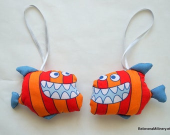 Handmade Fabric Fish Ornament: Orange & Blue Stuffed Decor (Set of 2)