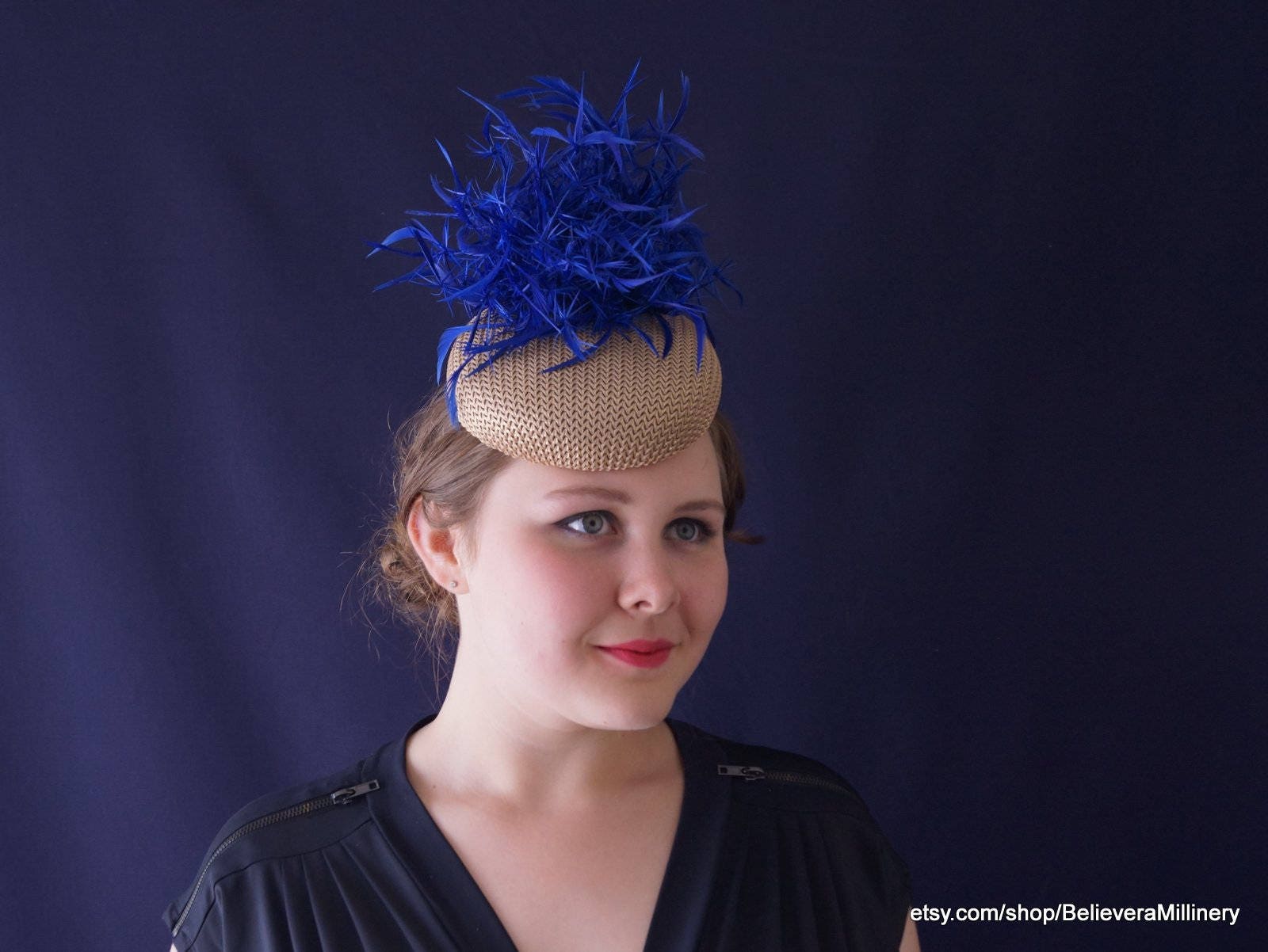Vintage Royal Blue Velvet Pillbox Hat with Feathers Cobalt Mid Century flapper Cobalt Blue Pillbox Hat - Etsy main image 4