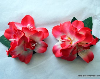 Set of 2 Red White Orchid Flowers Hair Clip Pin Up Retro Bridal Bridesmaid Party Wedding Guest Floral Fascinator Race Day Melbourne Cup