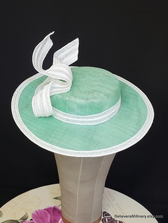 Mint Green White Sinamay Straw Boater Hat Wedding Guest Race  display picture 3