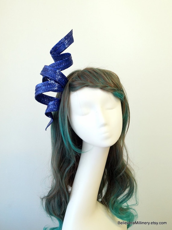 Royal Blue Straw Headband/Fascinator Yellow wave with royal blue fascinator | Atlanta Derby Hats main image 4