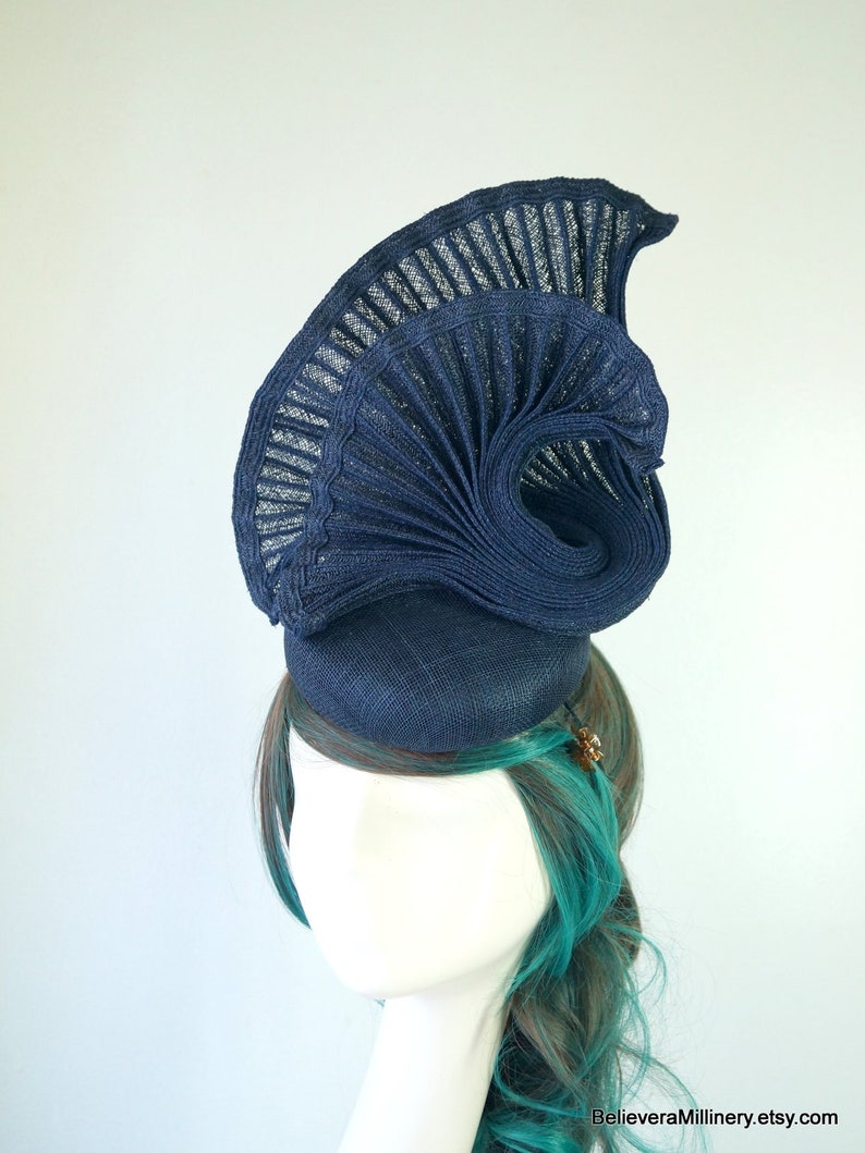 Navy Blue Straw Hat Racing Wear Carnival Wedding Guest Melbourne Cup Kentucky Derby Modern Church Hat Millinery Special Occasion image 3