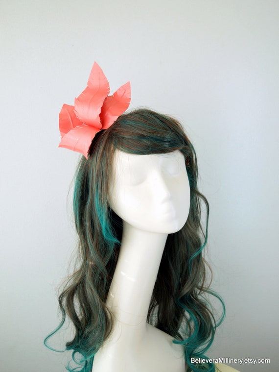 Coral Pink Feathers Leather Look Headband Fascinator Race Etsy