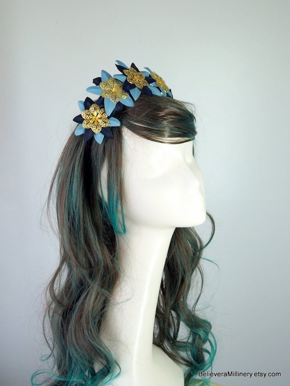 Buy Blue Navy Leather Metal Flower Headband Fascinator Race  display picture 3