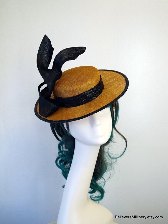 Mustard Black Boater Hat Fascinator 