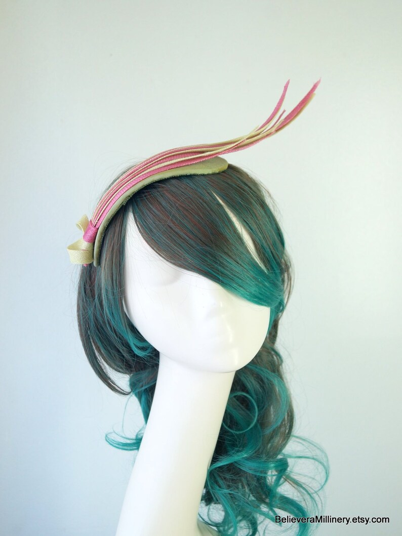 Pink Green Half Hat Straw Sinamay Fascinator Wedding Guest Etsy