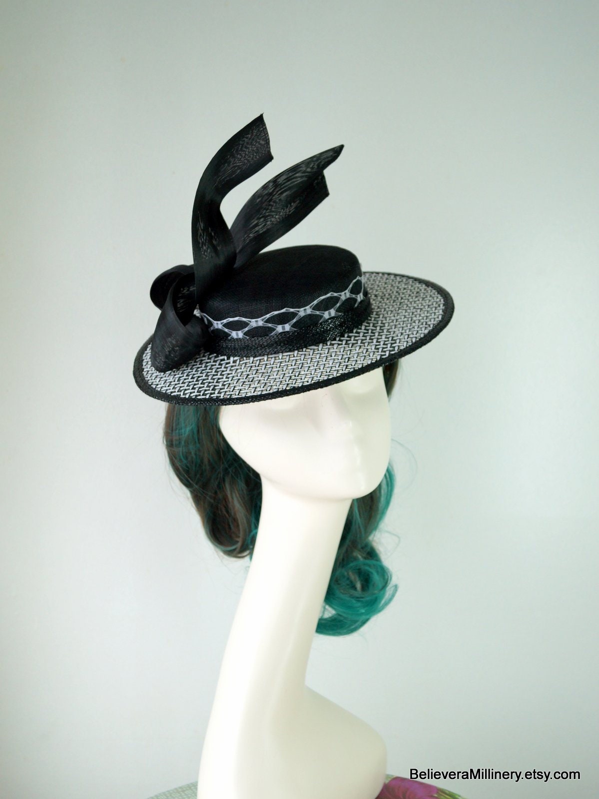 Black White Straw Boater Hat Fascinator 