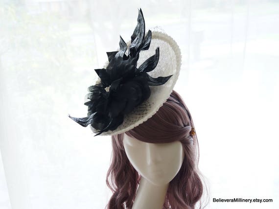 Black & White Floral Feather Fascinator Hat for Women Black and White Hat, Large Oval Disc Fascinator, Ladies Day  main image 2
